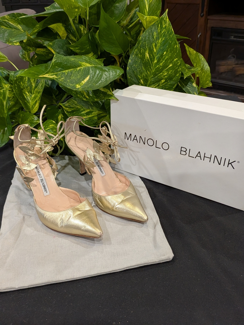 Manolo Blahnik Gold Pointed-Toe Lace-Up Heels